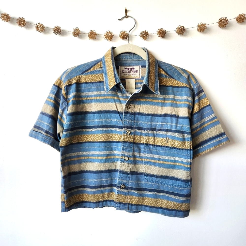 Vintage Wrangler Blue & Tan Striped Crop Button-Up Top